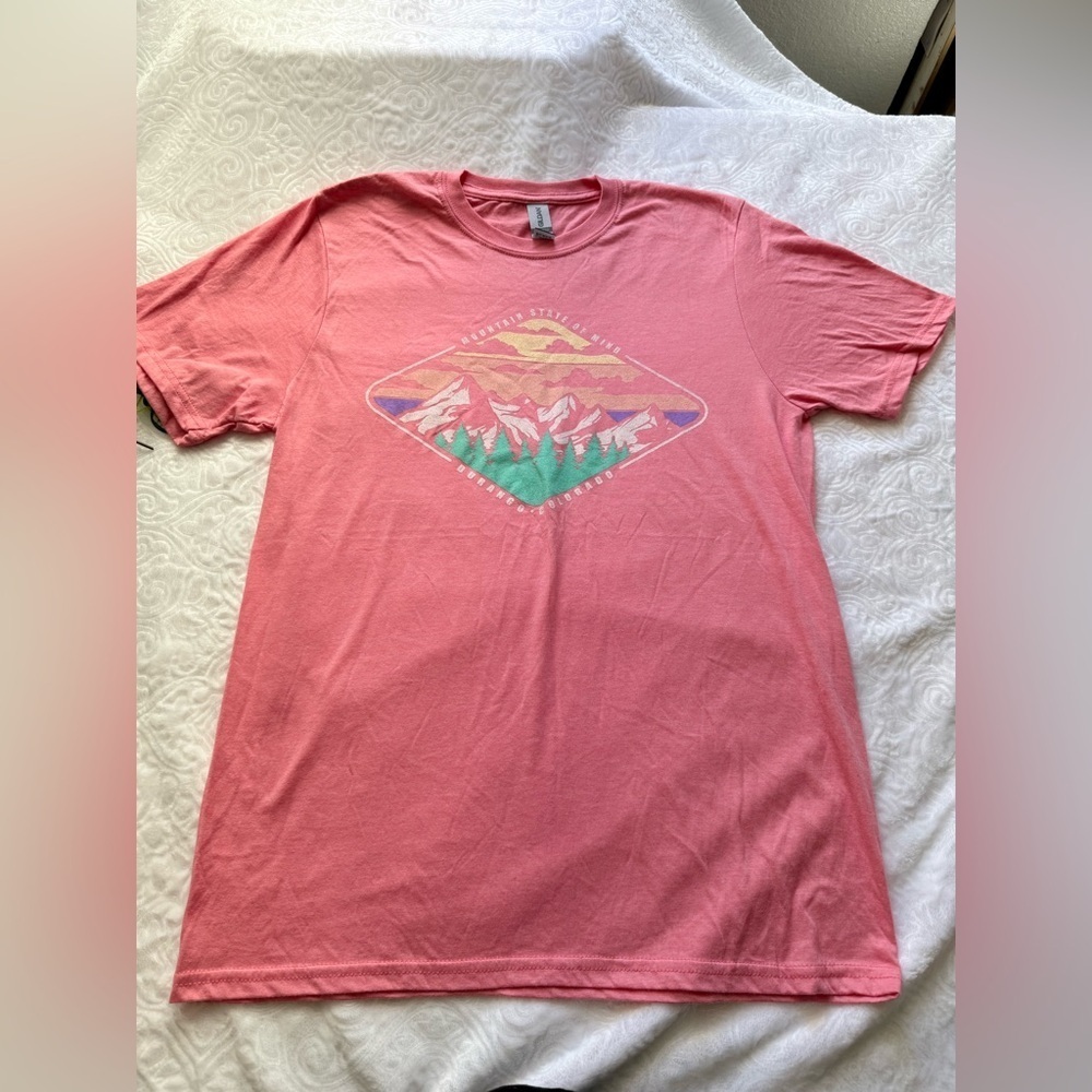 Pink Graphic Mountain T-Shirt Durango Colorado Softstyle Tee Size M